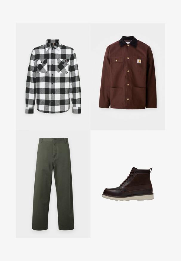 Braune Baumwolljacke mit einem schwarzen Cordkragen, goldenen Knöpfen, zwei Brusttaschen und einem quadratischen Logopatch auf der linken Tasche.; Schwarz-weißes Flanellhemd mit Karomuster, ausgestattet mit zwei Brusttaschen, Knopfleiste und Kragen. Weicher, strukturierten Stoff.; Grüne Baumwollhose mit geradem Schnitt, mit Knopfverschluss vorne und seitlichen Taschen. Glatte Textur, einfacher Stil und keine sichtbaren Muster.; Dunkelbrauner Lederknöchelstiefel mit Schnürung vorne, hellbeiger dicker Sohle und Zuglasche hinten, auf weißem Hintergrund gezeigt.