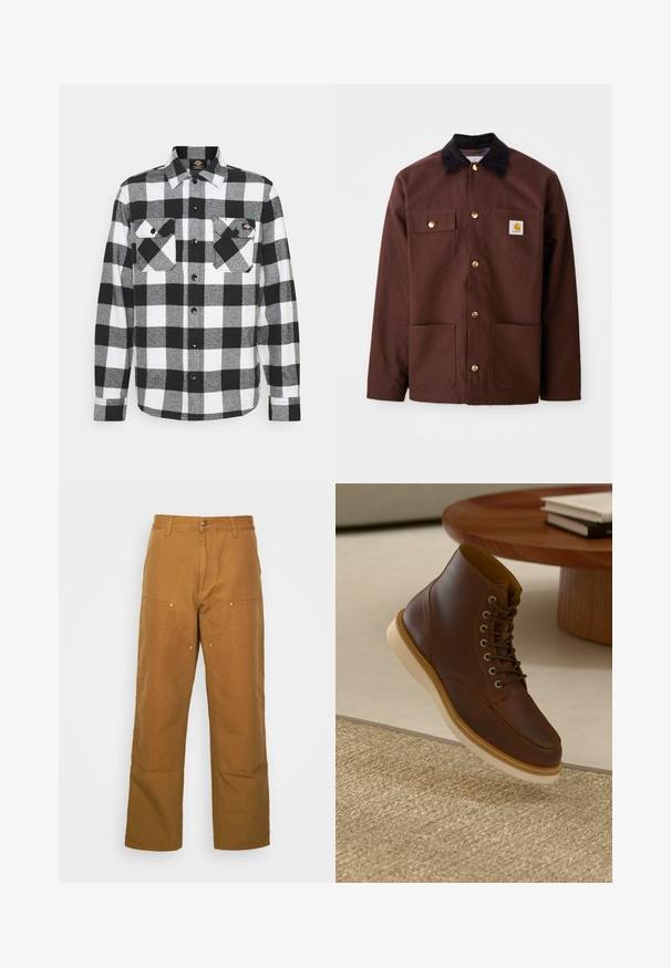 Ruskea puuvillatakki, jossa on musta corduroy-kaulus, kultaiset napit, kaksi rintataskua ja neliön muotoinen logo-patch vasemmassa taskussa.; Mustavalkoinen flanellipaita ruutukuviolla, jossa on kaksi rintataskua, napitettava etuosa ja kaulus. Pehmeä, teksturoitu kangas.; Ruske puuvillased utiliitpüksid sirge jala lõikega, millel on ees taskud ja metallist detailid lisakestvuse tagamiseks.; Ruske kožne gležnjače s bež potplatom na teksturiranom bež tepihu pored okruglog drvenog stola sa naslaganim knjigama.