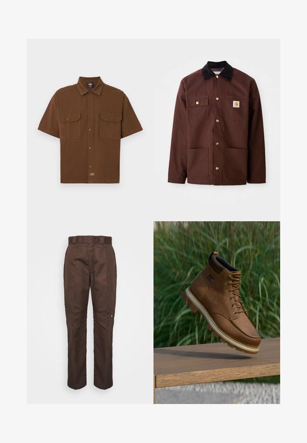 Veste en coton marron avec un col en velours côtelé noir, des boutons dorés, deux poches poitrine et un écusson carré sur la poche gauche.; Chemise marron à manches courtes avec boutons, dotée de deux poches à rabat à l'avant et d'une petite étiquette logo de la marque près du bas au centre.; Pantalon marron à jambe droite avec une texture lisse. Présente des passants de ceinture, des coutures latérales et un petit logo de marque sur la jambe gauche.; Botte de randonnée Sorel en cuir marron avec une semelle à crampons épaisse flottant au-dessus d'une surface en bois, avec de l'herbe verte en arrière-plan.