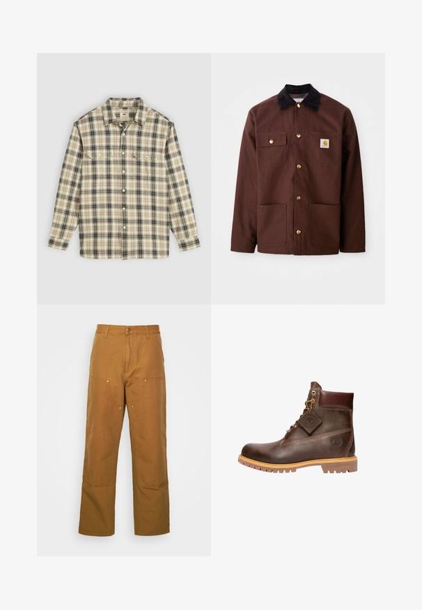 Bruine katoenen jas met een zwarte corduroy kraag, gouden knopen, twee borstzakken en een vierkante logo patch op de linkerzak.; Langarm geruite blouse in beige, zwart en bruin stof, met knoopsluiting, twee borstzakken en een klassiek kraagontwerp.; Bruine katoenen utility broeken met een rechte pijpdesign, voorzien van voorzakken en metalen hardware accenten voor extra duurzaamheid.; Bruine leren enkelboot met een ronde neus, stevige zool, hardware in goudkleur en een gestructureerde bovenkant. Inclusief een merklabel dat is bevestigd.