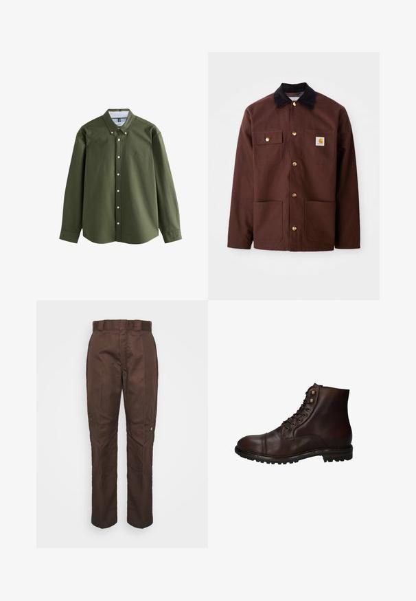 Brun bomuldsjakke med en sort fløjlskrave, gyldne knapper, to brystlommer og et firkantet logo-patch på venstre lomme.; Olivengrøn langærmet skjorte med button-down krave, frontknapper og et lille broderet logo. Blødt stof med struktureret design.; Brune, lige bukser med en glat tekstur. Har beltestropper, sidesømme og et lille mærke-logo på venstre ben.; Mørkebrun læder snørebånd ankelstøvle med robuste gummisål og metaløjer, set fra den ydre side.