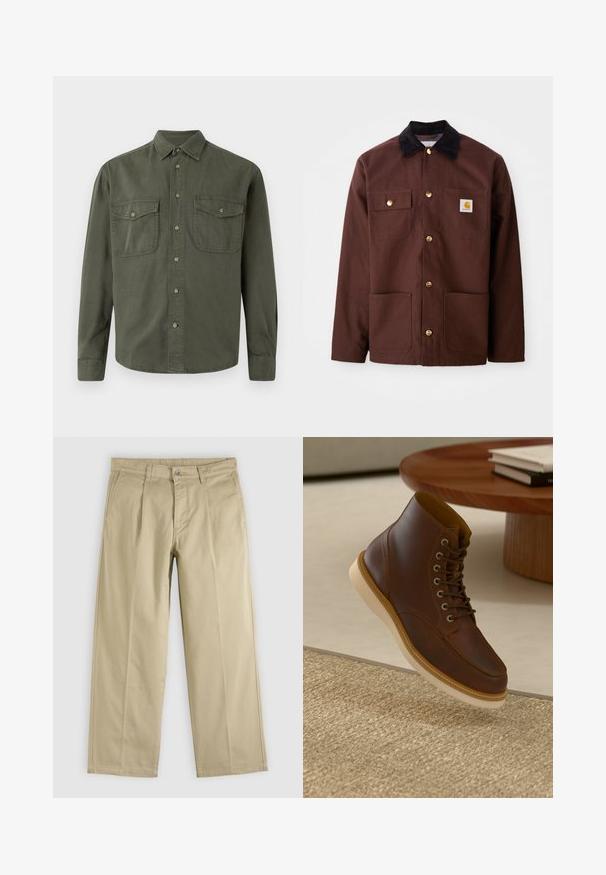 Bruine katoenen jas met een zwarte corduroy kraag, gouden knopen, twee borstzakken en een vierkante logo patch op de linkerzak.; Khaki langekootshirt van katoen. Heeft een knoopsluiting aan de voorkant, twee borstzakken met kleppen en een klassieke kraag. Eenvoudig ontwerp.; Beige recht gesneden broek met plooien aan de voorkant, riemlussen, zijzakken en een knoopsluiting in de taille.; Bruine leren enkelboot met beige zool op een gestructureerd beige vloerkleed naast een ronde houten tafel met opgestapelde boeken.