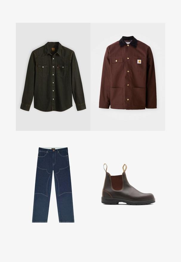 Chaqueta de algodón marrón con un cuello de pana negro, botones dorados, dos bolsillos en el pecho y un parche cuadrado con el logo en el bolsillo izquierdo.; Camisa de mezclilla negra de manga larga con cuello puntiagudo, dos bolsillos en el pecho, botones plateados y detalles de costura amarilla. Diseño clásico western.; Vaqueros de mezclilla azul oscuro con paneles reforzados en las rodillas, cinco bolsillos, costuras a contraste y cierre con botón en la cintura.; Botas Chelsea de cuero marrón con paneles laterales elásticos y tiradores. Parte superior texturizada, suela de goma duradera y detalle de costura en contraste.