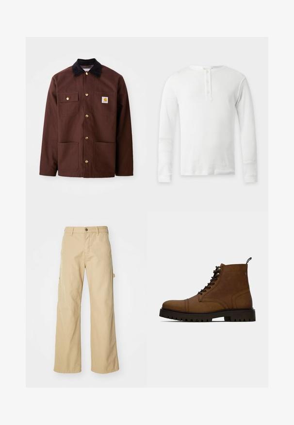 Veste en coton marron avec un col en velours côtelé noir, des boutons dorés, deux poches poitrine et un écusson carré sur la poche gauche.; T-shirt thermique blanc à manches longues avec col rond et patte de boutonnage à trois boutons, présenté à plat sur fond clair.; Pantalons cargo larges beiges avec fermeture à bouton, dotés de poches latérales, fabriqués en coton robuste, avec une texture lisse et un design droit.; Botte de cheville en cuir marron à lacets avec semelle crantée noire épaisse et languette, sur fond blanc.