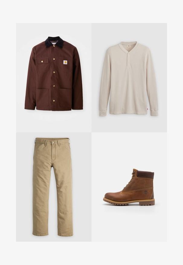 Bruine katoenen jas met een zwarte corduroy kraag, gouden knopen, twee borstzakken en een vierkante logo patch op de linkerzak.; Lange mouwen henley-shirt in lichtbeige ribbelstof, met een V-hals, een drieknoopsluiting en manchetten. Rode logo-label aan de onderkant.; Kaki katoenen broek met een rechte pijp, voorzakken en een knoopsluiting. Glad textuur en verstevigde naden voor duurzaamheid.; Bruine leren wandelschoen met een gladde afwerking, gevoerde enkel, metalen oogjes en een rubberen zool met een robuust profiel.