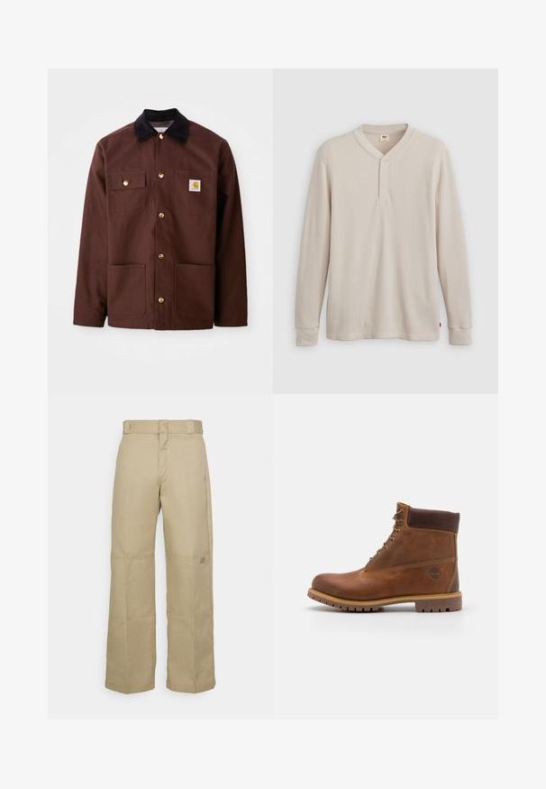 Brun bomuldsjakke med en sort fløjlskrave, gyldne knapper, to brystlommer og et firkantet logo-patch på venstre lomme.; Langærmet henley-skjorte i lys beige ribbet stof, med V-hals, tre-knap placket og manchetter ved ærmerne. Rød logo-tags ved kanten.; Beige brede benbukser lavet af robust stof, med høj talje, synlig syning og et lille logo-patch på siden.; Brun læder vandrestøvle med en glat finish, polstret ankel, metalliske snørehuller og en gummisål med et robust dækmønster.
