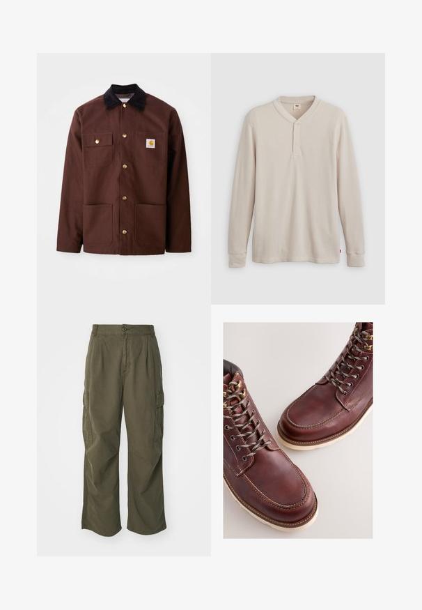 Brun bomuldsjakke med en sort fløjlskrave, gyldne knapper, to brystlommer og et firkantet logo-patch på venstre lomme.; Langærmet henley-skjorte i lys beige ribbet stof, med V-hals, tre-knap placket og manchetter ved ærmerne. Rød logo-tags ved kanten.; Cargo bukser i olivengrøn, lavet af bomuld, med et bredt ben design, læg og sidelommer til praktisk anvendelse.; Brune læderstøvler med en glat finish, med metal-øjer, grå snørebånd og en cremefarvet gummisål. Syning langs kanterne som detalje.