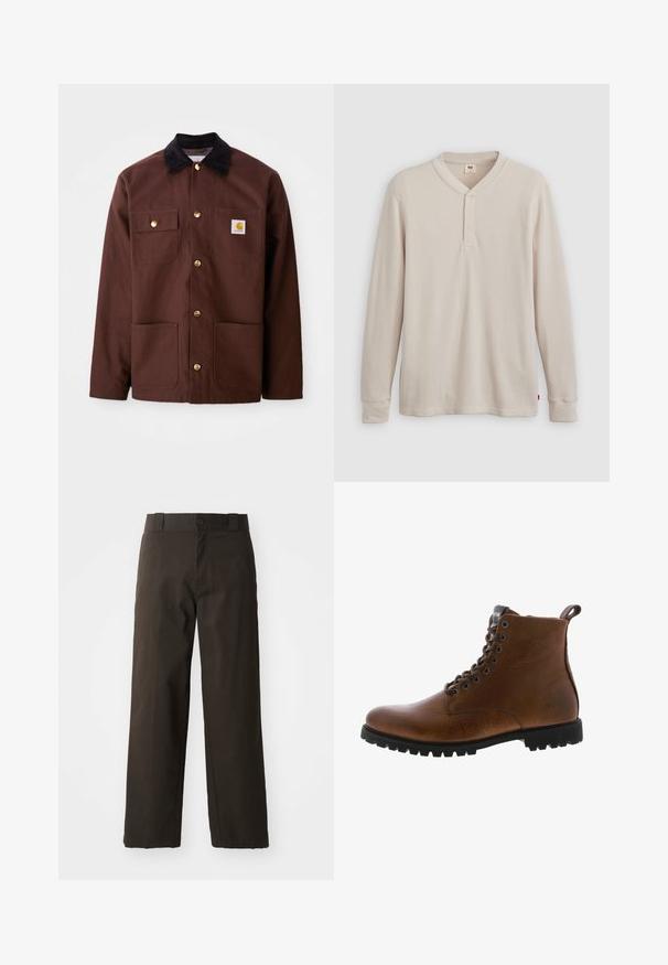 Bruine katoenen jas met een zwarte corduroy kraag, gouden knopen, twee borstzakken en een vierkante logo patch op de linkerzak.; Lange mouwen henley-shirt in lichtbeige ribbelstof, met een V-hals, een drieknoopsluiting en manchetten. Rode logo-label aan de onderkant.; Zwarte katoenen broek met een recht model, voorzien van een knoopsluiting en een klassieke tailleband. Gladde textuur, zonder patronen of accenten.; Bruine leren enkelbotten met een gestructureerde afwerking, metalen oogjes en een zwarte rubberen profielzool. Voorzien van een trekband aan de achterkant voor gemakkelijke instap.