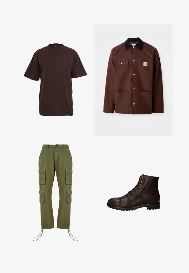 Braune Baumwolljacke mit einem schwarzen Cordkragen, goldenen Knöpfen, zwei Brusttaschen und einem quadratischen Logopatch auf der linken Tasche.; Braunes Baumwoll-T-Shirt mit kurzen Ärmeln, Rundhalsausschnitt und lockerer Passform. Glatte Textur ohne sichtbare Muster oder Akzente.; Olivgrüne Cargo-Hosen aus Baumwolle, mit vier großen Taschen, einem Zugband am Saum und einem Knopfverschluss an der Taille.; Dunkelbraune Leder Schnürstiefelette mit robustem Gummisohlen und Metallösen, von der Außenseite betrachtet.