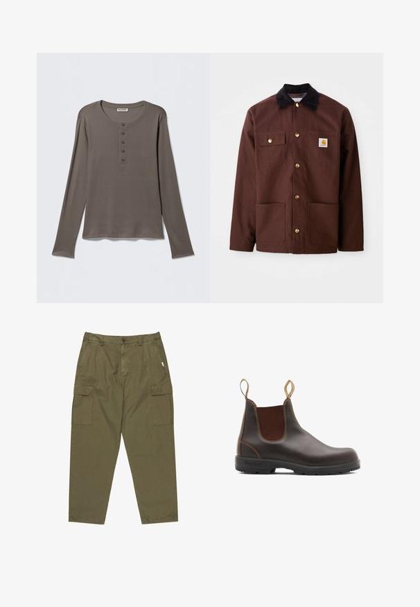 Chaqueta de algodón marrón con un cuello de pana negro, botones dorados, dos bolsillos en el pecho y un parche cuadrado con el logo en el bolsillo izquierdo.; Camiseta henley gris de manga larga con cinco botones y cuello redondo, presentada sobre un fondo blanco liso.; Pantalones cargo verdes oliva hechos de algodón, con cierre de botón en la parte delantera, bolsillos laterales y dos grandes bolsillos cargo en los muslos.; Botas Chelsea de cuero marrón con paneles laterales elásticos y tiradores. Parte superior texturizada, suela de goma duradera y detalle de costura en contraste.