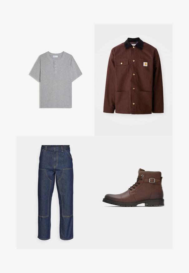 Veste en coton marron avec un col en velours côtelé noir, des boutons dorés, deux poches poitrine et un écusson carré sur la poche gauche.; T-shirt henley gris côtelé à manches courtes avec col rond et trois boutons sur la patte de boutonnage, posé à plat sur fond blanc.; Jeans en denim bleu foncé avec une taille haute, une coupe droite, des coutures contrastantes et des poches appliquées à l'avant.; Bottine en cuir marron à lacets avec sangle à boucle et semelle noire robuste, vue de côté sur fond blanc.