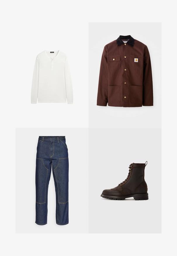 Brown cotton jacket with a black corduroy collar, gold buttons, two chest pockets, and a square logo patch on the left pocket.; White long-sleeve henley shirt with a round neckline and three small buttons on the front placket.; Dark blue denim jeans with a high waist, straight leg design, contrasting stitching, and patch pockets on the front.; Brown lace-up boots featuring a mix of leather and textile materials, rugged sole, and a loop at the heel for easy wear.