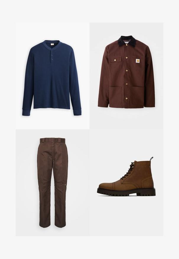 Braune Baumwolljacke mit einem schwarzen Cordkragen, goldenen Knöpfen, zwei Brusttaschen und einem quadratischen Logopatch auf der linken Tasche.; Langärmliges navyblaues Henley-Shirt aus geripptem Stoff. Mit rundem Ausschnitt und einer Knopfleiste mit drei Knöpfen. Die Bündchen sind schmal geschnitten.; Braune, gerade geschnittene Hose mit glatter Textur. Verfügt über einen Gürtelschlaufen, Seitennähte und ein kleines Markenlogo am linken Bein.; Braune Leder Schnürstiefelette mit dickem schwarzem Profilsohle und Zugschlaufe auf weißem Hintergrund.