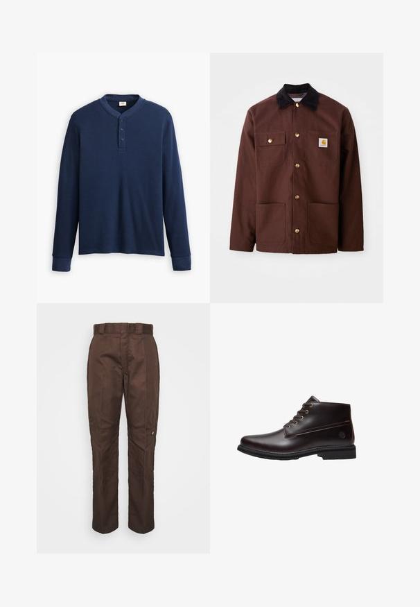 Chaqueta de algodón marrón con un cuello de pana negro, botones dorados, dos bolsillos en el pecho y un parche cuadrado con el logo en el bolsillo izquierdo.; Camisa henley de manga larga en color azul marino hecha de tela acanalada. Presenta un escote redondo y una tapeta de tres botones. Los puños son ajustados.; Pantalones marrones de pierna recta con una textura suave. Presenta un lazo para cinturón, costuras laterales y un pequeño logo de la marca en la pierna izquierda.; Botín de cuero marrón oscuro con cordones, suela negra y logo sutil de la marca en el lateral, mostrado de perfil sobre un fondo blanco.