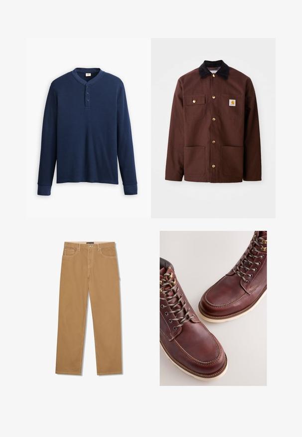 Braune Baumwolljacke mit einem schwarzen Cordkragen, goldenen Knöpfen, zwei Brusttaschen und einem quadratischen Logopatch auf der linken Tasche.; Langärmliges navyblaues Henley-Shirt aus geripptem Stoff. Mit rundem Ausschnitt und einer Knopfleiste mit drei Knöpfen. Die Bündchen sind schmal geschnitten.; Hellbraune Hose mit geradem Bein, vorderem Knopf und Reißverschluss, Vorder- und Münztaschen sowie sichtbaren weißen Nähten.; Braune Lederstiefel mit einer glatten Oberfläche, ausgestattet mit Metallösen, grauen Schnürsenkeln und einer cremefarbenen Gummisohle. Nahtdetail entlang der Kanten.