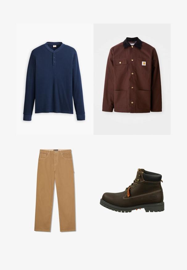 Bruine katoenen jas met een zwarte corduroy kraag, gouden knopen, twee borstzakken en een vierkante logo patch op de linkerzak.; Langdraagbare marineblauwe henley shirt van ribstof. Heeft een ronde halslijn en een knoopsluiting met drie knopen. De mouwen zijn aangesloten.; Lichtbruine broek met rechte pijpen, vooraan met knoop en rits, met voorzakken en muntzakje, en zichtbare witte stiksels.; Dockers by Gerli Veterboots - schoko