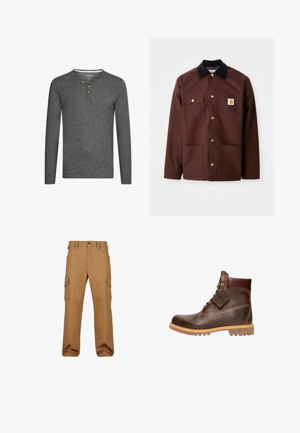 Veste en coton marron avec un col en velours côtelé noir, des boutons dorés, deux poches poitrine et un écusson carré sur la poche gauche.; Chemise à manches longues grise avec un col henley, trois boutons en bois et une petite étiquette logo en bas à gauche. Tissu doux et texturé.; Pantalons cargo marron en tissu durable, dotés de plusieurs poches, d'une coupe décontractée et de détails de couture renforcée.; Bottine en cuir marron avec un bout rond, une semelle robuste, des éléments en doré et un dessus texturé. Comprend une étiquette de logo attachée.