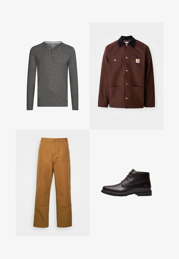 Chaqueta de algodón marrón con un cuello de pana negro, botones dorados, dos bolsillos en el pecho y un parche cuadrado con el logo en el bolsillo izquierdo.; Camisa de manga larga gris con un escote tipo henley, tres botones de madera y una pequeña etiqueta con el logo en la parte inferior izquierda. Tejido suave y texturizado.; Pantalones utilitarios de algodón marrón con un diseño de pierna recta, que cuentan con bolsillos frontales y acentos de metal para mayor durabilidad.; Botín de cuero marrón oscuro con cordones, suela negra y logo sutil de la marca en el lateral, mostrado de perfil sobre un fondo blanco.