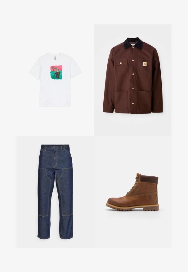 Veste en coton marron avec un col en velours côtelé noir, des boutons dorés, deux poches poitrine et un écusson carré sur la poche gauche.; T-shirt en coton blanc avec un dessin abstrait coloré représentant un soleil et une silhouette sur fond vert, encadré de rose. Manches courtes.; Jeans en denim bleu foncé avec une taille haute, une coupe droite, des coutures contrastantes et des poches appliquées à l'avant.; Botte de randonnée en cuir marron avec une finition lisse, cheville rembourrée, œillets en métal et semelle en caoutchouc dotée d'un motif de crampons robuste.