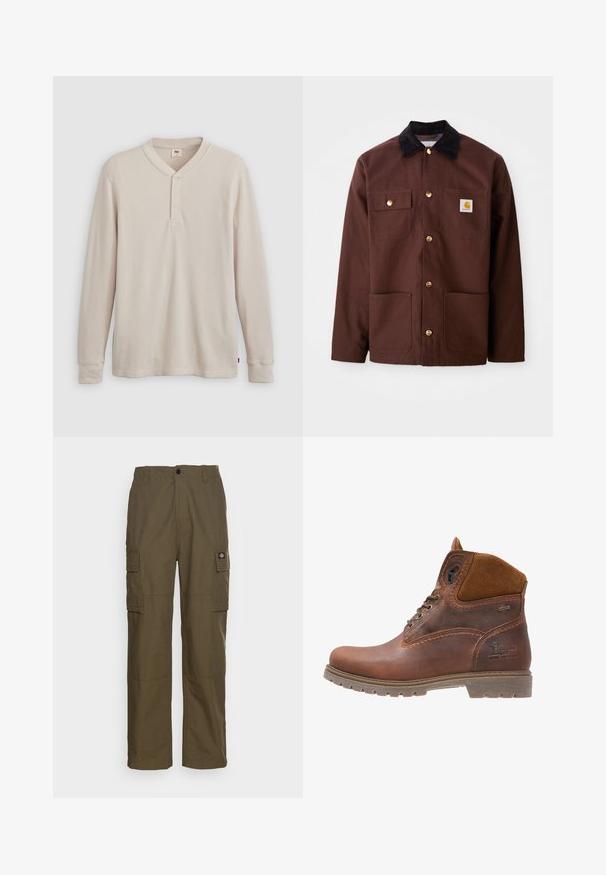 Chaqueta de algodón marrón con un cuello de pana negro, botones dorados, dos bolsillos en el pecho y un parche cuadrado con el logo en el bolsillo izquierdo.; Camisa tipo henley de manga larga en tejido acanalado color beige claro, con escote en V,tapeta de tres botones, y mangas con puños. Etiqueta de logo roja en el dobladillo.; Pantalones cargo en verde oliva, hechos de un tejido resistente. Presenta dos bolsillos laterales, una cintura estándar y un diseño de pierna recta.; Botín de cuero marrón con acentos de ante, puntera redonda, cierre de cordones en la parte frontal, suela resistente y detalle de logo grabado en el costado.