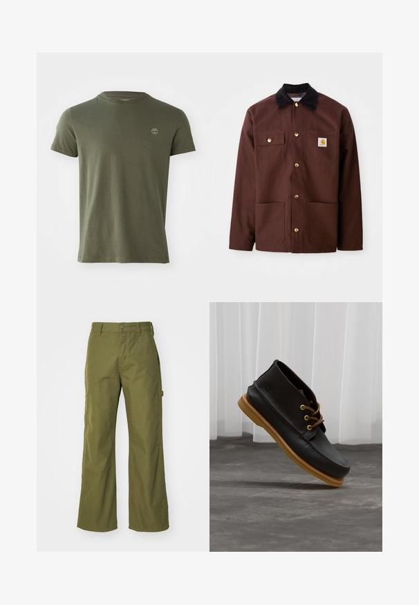 Bruine katoenen jas met een zwarte corduroy kraag, gouden knopen, twee borstzakken en een vierkante logo patch op de linkerzak.; Olijf groene katoenen t-shirt met een ronde hals, korte mouwen en een klein geborduurd logo op de borst. Soepele textuur, klassieke pasvorm.; Olijfgroene wijde broek van duurzaam materiaal, met een knoopsluiting, zijzakken en een rechte zoom.; Zwarte leren schoenen met een gladde afwerking, ronde neus, bruine veters en lichtbruine rubberen zolen. Logo gegraveerd aan de zijkant.