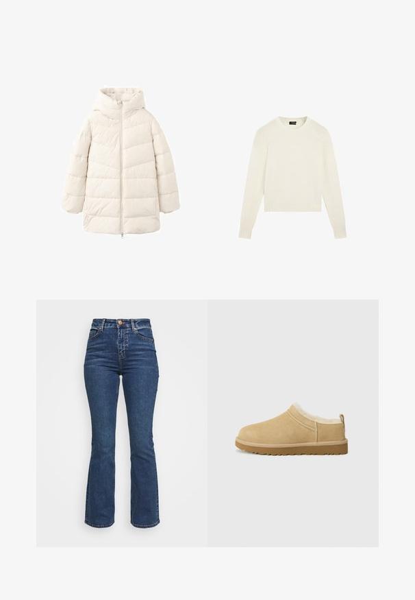 Lysebeige dunjakke med hætte, der har lynlåslukning foran og quiltet design. Kort, oversized pasform med struktureret stof.; Plain hvid strikket sweater med lange ærmer, ribbede manchetter og kant samt en rund halsudskæring, vist på hvid baggrund.; Højtaljede blå jeans lavet af denim. Flared ben-design med knaplukning og lommer. Har en klassisk vask og syning detaljer.; Suede slip-on sko i lys tan, med en blød pelsforing og tekstureret gummisål med en let hæl og bagestrop for nem påklædning.
