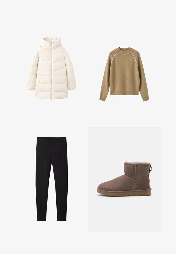 Lysebeige dunjakke med hætte, der har lynlåslukning foran og quiltet design. Kort, oversized pasform med struktureret stof.; Beige ribstrikket sweater med lange ærmer, rund halsudskæring og diskrete hvide kantebånd langs skuldersømmene.; Sorte leggings med en bred, elastisk talje. Fremstillet af et glat, strækbart materiale, skræddersyet til en tætsiddende silhuet uden synlige mønstre.; Brune ruskind ankelstøvle med blødt fleecefôr, rund tå, stikninger og en struktureret gummisål for godt greb.