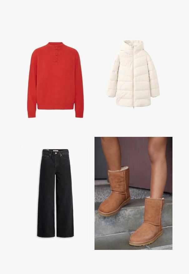 Lysebeige dunjakke med hætte, der har lynlåslukning foran og quiltet design. Kort, oversized pasform med struktureret stof.; ICHI IHDASILA LONG SLEEVE - Striktrøje - fiery red; Sorte brede benjeans lavet af denim, med fem lommer, kobbernitter og en klassisk knaplukning. Glat tekstur med et rent design.; Brune ruskind ankelstøvler med rund tå, blødt foer og gummisål, der har synlige stikninger langs sømmene.