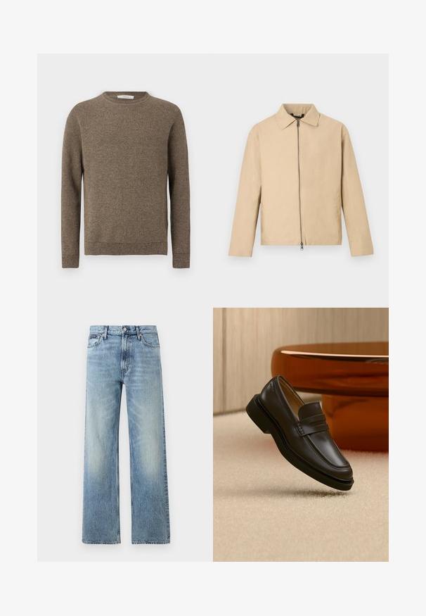 Chaqueta ligera beige con cuello de solapa, cremallera frontal y mangas largas. Textura suave y diseño minimalista.; Suéter de punto texturizado en marrón, de manga larga, con cuello redondo y puños y dobladillo acanalados.; Vaqueros de mezclilla azul claro de corte recto con cintura alta, cinco bolsillos, cierre de botón y sutil desgaste en los muslos y las rodillas.; Zapato mocasín de cuero negro flotando sobre una alfombra beige con muebles marrones redondeados al fondo.