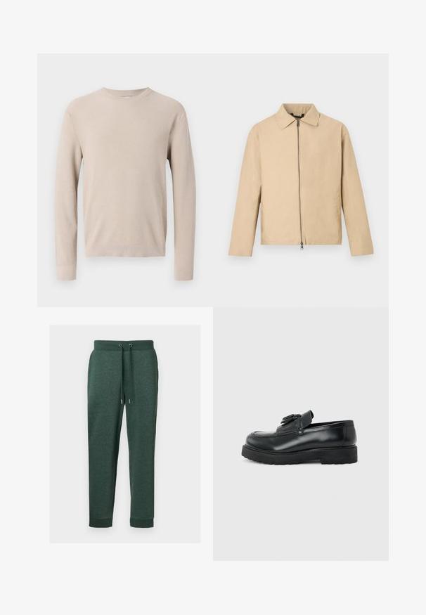Veste légère beige avec un col, une fermeture éclair frontale et des manches longues. Texture lisse et design minimaliste.; Pull beige à manches longues avec col rond, poignets et ourlet côtelés, présentant un motif en tricot texturé.; Pantalon de survêtement vert foncé avec taille à cordon, poches latérales et poignets côtelés, fabriqué en tissu doux et texturé.; Mocassin en cuir noir avec pampilles, semelle épaisse en caoutchouc et talon bas, présenté de profil sur un fond uni.