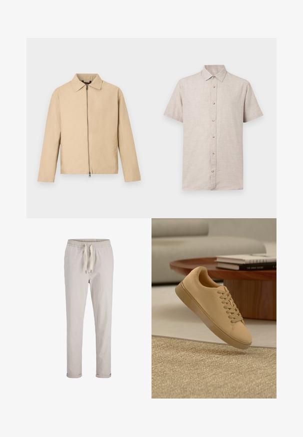 Veste légère beige avec un col, une fermeture éclair frontale et des manches longues. Texture lisse et design minimaliste.; Chemise beige à manches courtes avec col pointu et tissu texturé, présentée à plat sur un fond blanc.; Pantalon décontracté beige avec taille élastique, cordon de serrage à l'avant et revers roulés, présenté sur un fond blanc.; Baskets beiges à lacets flottant au-dessus d'un tapis texturé avec une table basse en bois et des livres empilés en arrière-plan flou.