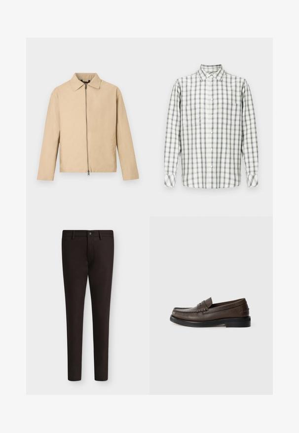 Veste légère beige avec un col, une fermeture éclair frontale et des manches longues. Texture lisse et design minimaliste.; Chemise à manches longues à boutons avec un motif à carreaux blanc, gris et noir, et une poche poitrine unique sur fond uni.; Pantalon habillé marron foncé à jambe droite, avec passants de ceinture et fermeture à bouton devant, présenté à plat sur fond blanc.; Mocassin en cuir marron avec un détail cousu sur la pointe, semelle plate et petit talon empilé. Texture lisse avec des éléments de design minimalistes.