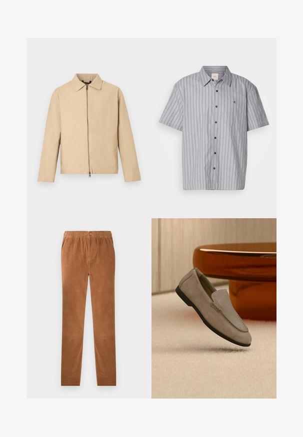 Veste légère beige avec un col, une fermeture éclair frontale et des manches longues. Texture lisse et design minimaliste.; Chemise à manches courtes, à boutons, fabriquée en tissu léger avec des rayures verticales bleues et blanches. Dotée d'un col classique et d'une poche frontale.; Pantalons en velours côtelé marron avec une taille élastique, dotés d'une fermeture à bouton. Design à jambe droite et tissu doux et texturé.; Mocassin en suède marron clair avec semelle noire, posé sur un tapis beige devant une table circulaire marron réfléchissante contre un mur en bois.