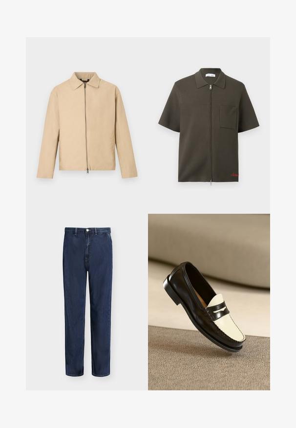 Veste légère beige avec un col, une fermeture éclair frontale et des manches longues. Texture lisse et design minimaliste.; Chemise zippée manches courtes en olive foncé avec une poche poitrine et un col, ornée d'une broderie rouge près de l'ourlet.; Jean droit en denim bleu foncé avec passants de ceinture, bouton devant et fermeture éclair, présenté sur un fond uni clair.; Mocassin en cuir noir avec un empeigne crème et des rayures noires, présentant un petit talon et des coutures détaillées le long des bords.
