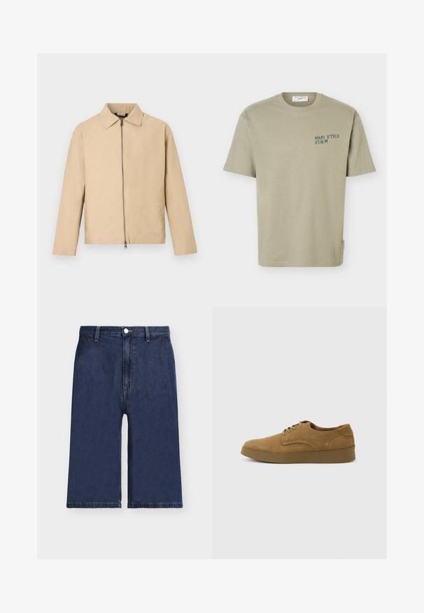 Veste légère beige avec un col, une fermeture éclair frontale et des manches longues. Texture lisse et design minimaliste.; T-shirt beige à manches courtes col rond avec un petit texte "Marc O'Polo Denim" imprimé sur la poitrine gauche.; Short en denim bleu foncé longueur genou avec passants pour ceinture, bouton de devant et braguette zippée, présenté sur un fond uni gris clair.; Chaussure décontractée à lacets en daim marron avec semelle en caoutchouc plate, vue de côté sur un fond clair uni.