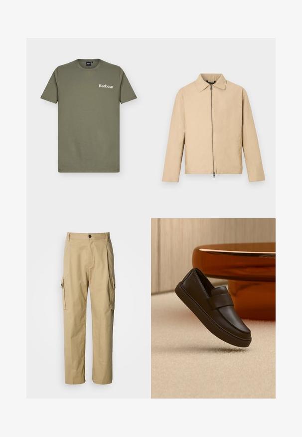 Veste légère beige avec un col, une fermeture éclair frontale et des manches longues. Texture lisse et design minimaliste.; T-shirt manches courtes vert olive avec logo blanc "Barbour" sur la poitrine gauche.; Pantalon cargo beige en tissu résistant, avec une coupe décontractée, des poches latérales et une fermeture par bouton à la taille.; Une chaussure mocassin en cuir marron foncé flottant au-dessus d'un tapis crème avec une table ronde orange en arrière-plan.