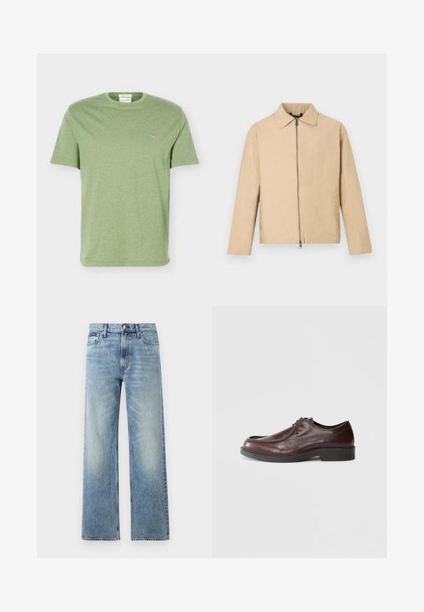 Veste légère beige avec un col, une fermeture éclair frontale et des manches longues. Texture lisse et design minimaliste.; T-shirt en coton vert clair à manches courtes, col rond et petit logo brodé sur la poitrine gauche.; Jean droit en denim bleu clair avec taille haute, cinq poches, fermeture à boutons et léger délavage sur les cuisses et les genoux.; Chaussure habillée en cuir marron avec un bout arrondi, des accents de couture minimum, et une semelle noire robuste. Présente un système de laçage et une texture lisse.