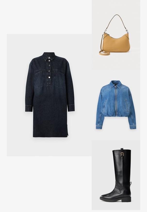 Modrá rifľová bunda na zips s golierom, dlhými rukávmi, bočnými vreckami a elastickým lemom, rozložená na svetlom pozadí.; CLOSED DRESS - Denimové šaty - dark blue; Čierne kožené čižmy po kolená so hladkým povrchom, okrúhlou špičkou, nízkym blokovým podpätkom a zlatým akcentom na boku.; Hnedá kožená kabelka Michael Kors s krátkym uchom a odnímateľným dlhým popruhom, na bielom pozadí.
