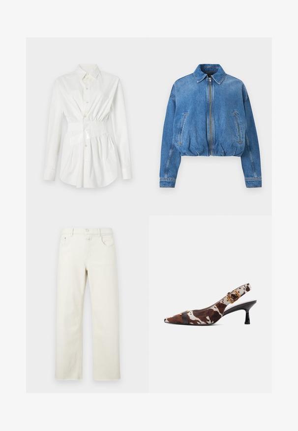 Blaue Jeansjacke mit Reißverschluss, Kragen, langen Ärmeln, Seitentaschen und elastischem Saum, flach auf einem hellen Hintergrund liegend.; Weißes Hemd mit Knopfleiste, langen Ärmeln, einer taillierten Details und einem glänzenden Gürtelakzent. Hergestellt aus glattem, leichtem Stoff.; Weit geschnittene Jeans aus off-weißem Denim mit Knopfverschluss, fünf Taschen und klassischer gerader Silhouette mit minimalen Nahtdetails.; Slingback-Pumps mit kitten Heel, braun-weißem Kuhfleckenmuster, spitzer Schuhspitze, schwarzem Riemen vorne und goldener Schnalle am Knöchelriemen.