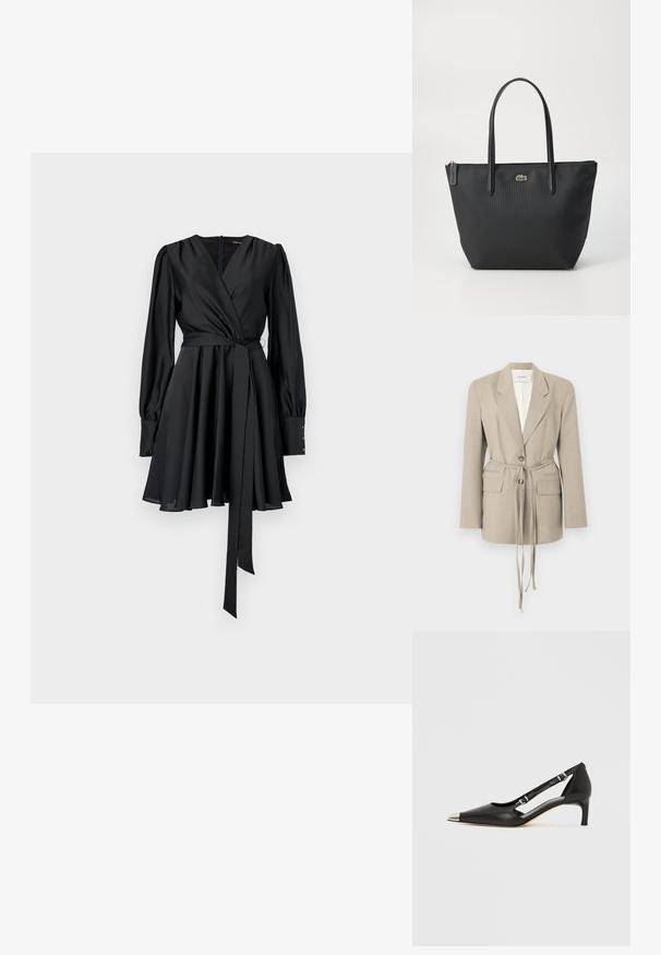 Blazer beige à fines rayures avec revers, un bouton, deux poches à rabat sur le devant, et une longue ceinture en tissu nouée à la taille, présenté sur un fond blanc.; Robe noire à manches longues, en satin doux, avec corsage ajusté, jupe évasée et une ceinture assortie. Détails en boutons sur les poignets.; Escarpin en cuir noir à petit talon en forme de kit avec embout pointu argenté et doubles sangles à boucle sur fond blanc.; Sac fourre-tout noir en matériau texturé, doté de deux poignées, d'une fermeture zippée et d'un petit logo vert à l'avant. Design simple et fonctionnel.