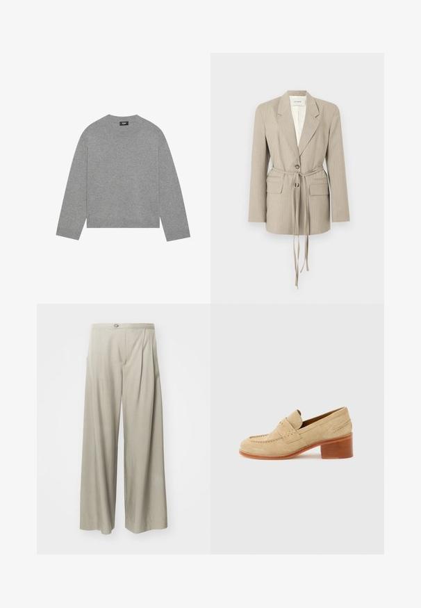 Beige blazer med nålestriber, med revers, en knap, to frontlommer med klap og et langt stofbælte bundet i taljen, vist på en hvid baggrund.; Grå strikket sweater med lange ærmer, rund halsudskæring og ribbet kant. Fremstillet af blødt materiale, har et minimalistisk design uden mønstre.; Lys grå brede bukser med tekstureret stof, læg foran og en enkelt knaplukning i taljen.; Beige dames loafer i ruskind med lav bloktræs-hæl, syningsdetaljer og en rem hen over toppen.