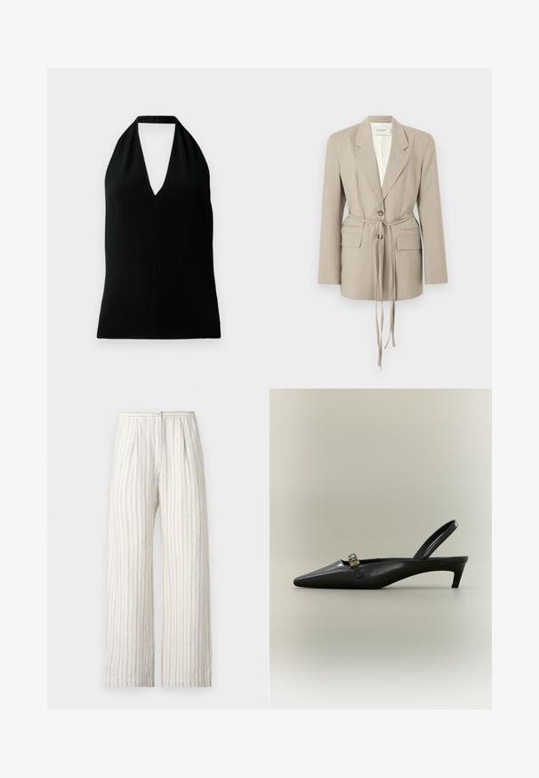 Beige Nadelstreifen-Blazer mit Revers, einem Knopf, zwei vorderen Klappentaschen und einem langen Stoffgürtel, der in der Taille gebunden ist, auf weißem Hintergrund präsentiert.; Schwarzes ärmelloses Halterneck-Top mit tiefem V-Ausschnitt und Rückenschnalle, auf einem weißen Hintergrund präsentiert.; Samsøe Samsøe SATOVE TROUSERS - Stoffhose - egret; Schwarzer Slingback-Kitten-Heel aus Leder mit spitz zulaufender Zehenpartie und kleiner goldfarbener Schnalle auf einfarbigem Hintergrund.