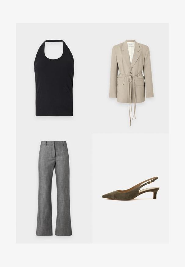Beige blazer med nålestriber, med revers, en knap, to frontlommer med klap og et langt stofbælte bundet i taljen, vist på en hvid baggrund.; CLOSED NECK HOLDER - Top - black; Grå skræddersyede bukser med pepitatern, lige ben og en glat tekstur. Har en linning med bæltestropper.; Olivengrøn ruskind slingback sko med spids snude, lav kittenhæl og guldspænde, på hvid baggrund.
