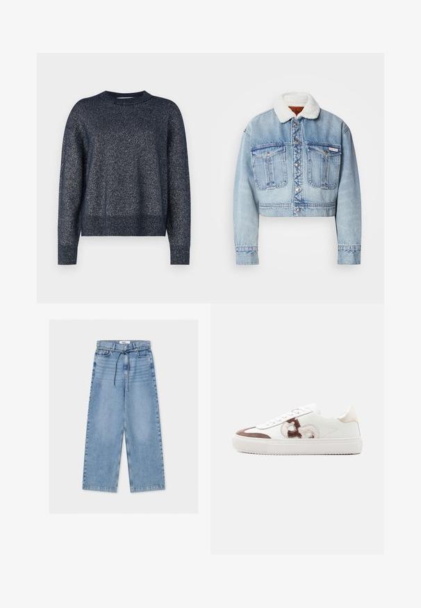 Afskåret denimjakke i lyseblå, med en hvid, fluffy krave, sølvknapper og to frontlommer med synlige syningsdetaljer.; Marineblå strikket sweater med rund halsudskæring, lange ærmer og en tekstureret overflade med subtile metalliske tråde throughout.; Lyseblå vidde denimbukser med høj talje, knap- og lynlåslukning, forlommer og et tyndt snørebåndsbindebælte.; Hvid sneaker i lavt design med brune ruskindsdetaljer, hvide snørebånd og et brunt og beige broderet logo på siden mod en ensfarvet baggrund.