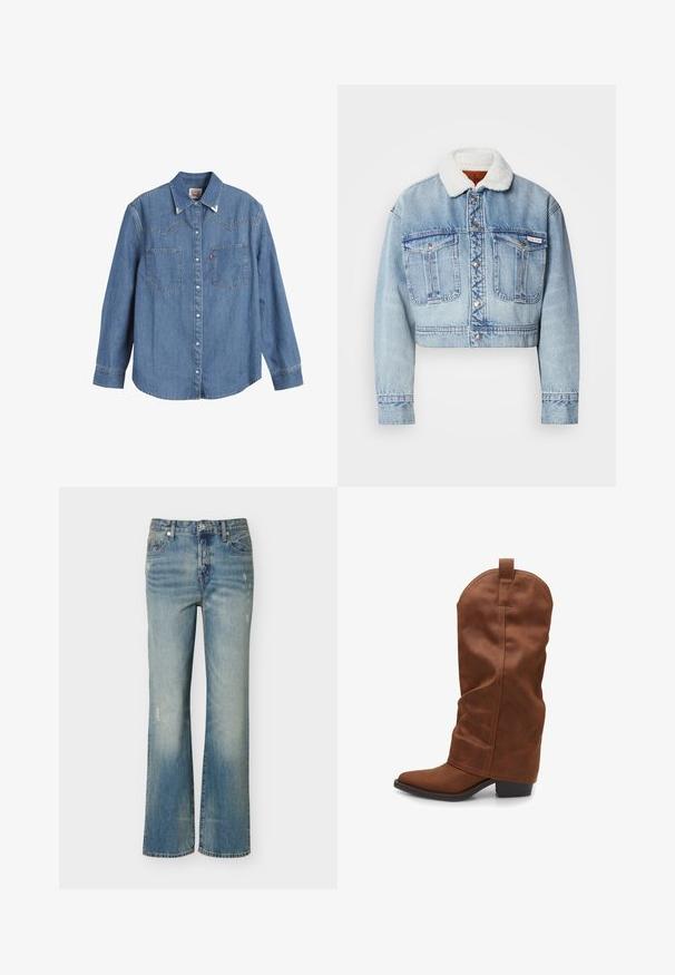 Kurz geschnittene Denimjacke in Hellblau mit einem weißen, flauschigen Kragen, silbernen Knöpfen und zwei Fronttaschen mit sichtbaren Nähten.; Hellblaues Denim-Hemd mit langen Ärmeln, spitzem Kragen, zwei Brusttaschen und kontrastierenden Nähten. Verfügt über ein Design mit Westernstil-Yoke.; Hellblaue gerade geschnittene Jeans aus Denim mit verblasstem Waschungseffekt, dezenten Used-Details, Vorderknopfverschluss und Fünf-Taschen-Design.; Bata Cowboy-/Bikerboot - marrone