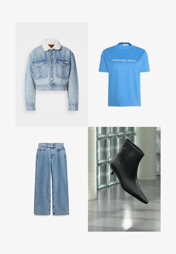Korte spijkerjack in lichtblauw, met een witte, donzige kraag, zilveren knopen en twee voorzakken met zichtbare stikdetails.; Lichtblauw T-shirt met korte mouwen en ronde hals met de tekst "Calvin Klein Jeans" in het wit gedrukt over de borst.; Lichtblauwe spijkerbroek met een wijde pijp, knopen en ritssluiting aan de voorkant, en een vijfzakkenmodel.; Zwarte leren enkellaars met spits toelopende neus en lage kittenhak, schuin weergegeven tegen een gepolijste vloer en een glazen blokken muur als achtergrond.