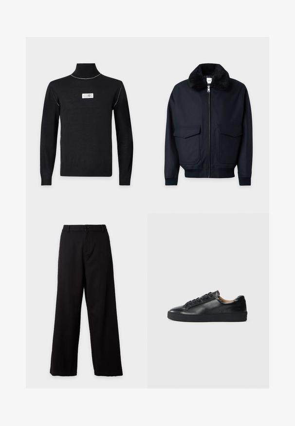 Veste noire zippée avec col doux et pelucheux, deux grandes poches avant à rabat, poignets et ceinture côtelés.; Pull noir à col roulé manches longues avec des coutures blanches sur les épaules et un petit patch logo rectangulaire blanc sur la poitrine.; Pantalon noir à jambe droite avec fermeture bouton et zip, conçu pour une coupe décontractée et une taille mi-haute.; Baskets en cuir noir avec une texture lisse, bout rond et fermeture à lacets. Comprend une semelle en caoutchouc épaisse et un minimum de détails de marque.