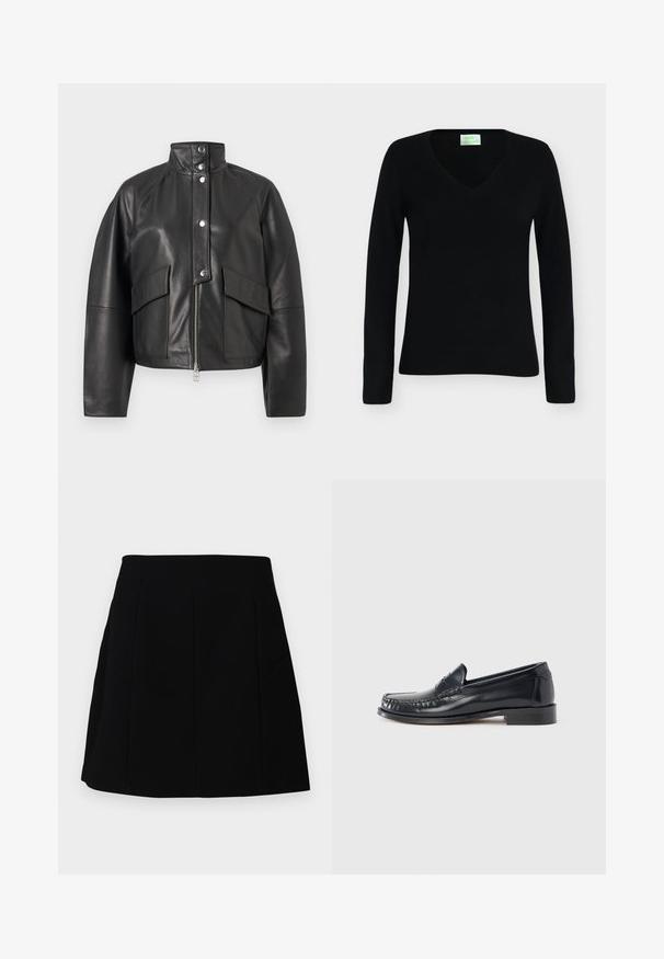 Veste en cuir noir avec col montant, fermeture éclair frontale, boutons-pression et deux grandes poches à rabat sur le devant sur un fond uni.; Pull noir manches longues col en V avec une silhouette ajustée, présenté sur un fond gris clair uni.; Mini-jupe noire avec une silhouette structurée, présentant des coutures à l'avant et des poches latérales, fabriquée à partir d'un tissu lisse et léger.; Mocassin en cuir noir avec bout arrondi, surpiqûres décoratives et petit talon carré. Texture lisse, accents minimalistes.