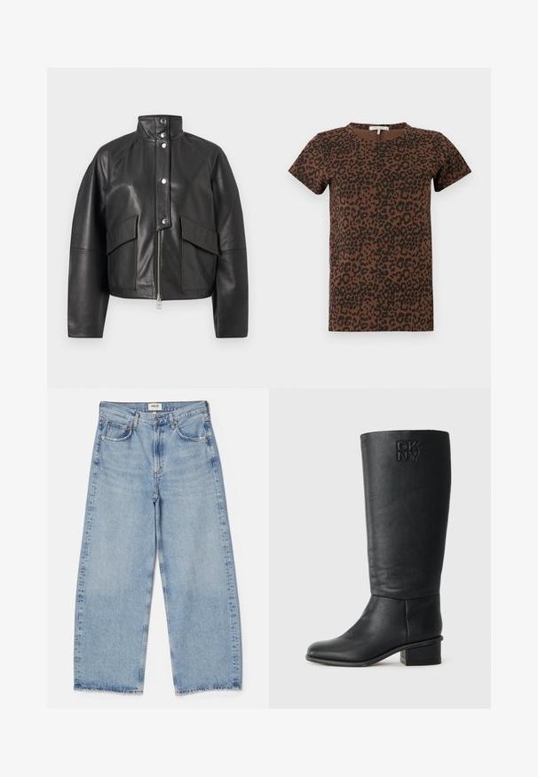 Zwarte leren jas met hoge kraag, voorsluiting met ritssluiting, drukknopen en twee grote klepzakken aan de voorkant tegen een effen achtergrond.; Bruin T-shirt met een zwart luipaardprintpatroon, ronde hals, korte mouwen, gemaakt van zachte stof, met een losse pasvorm en zonder zichtbare metalen details.; Agolde Baggy jeans - light-blue denim; Zwarte leren kniehoge laars met een gestructureerde afwerking, ronde punt en een lage blokhak. Kenmerkt zich door het reliëf DKNY-logo op de buitenkant van de schacht.