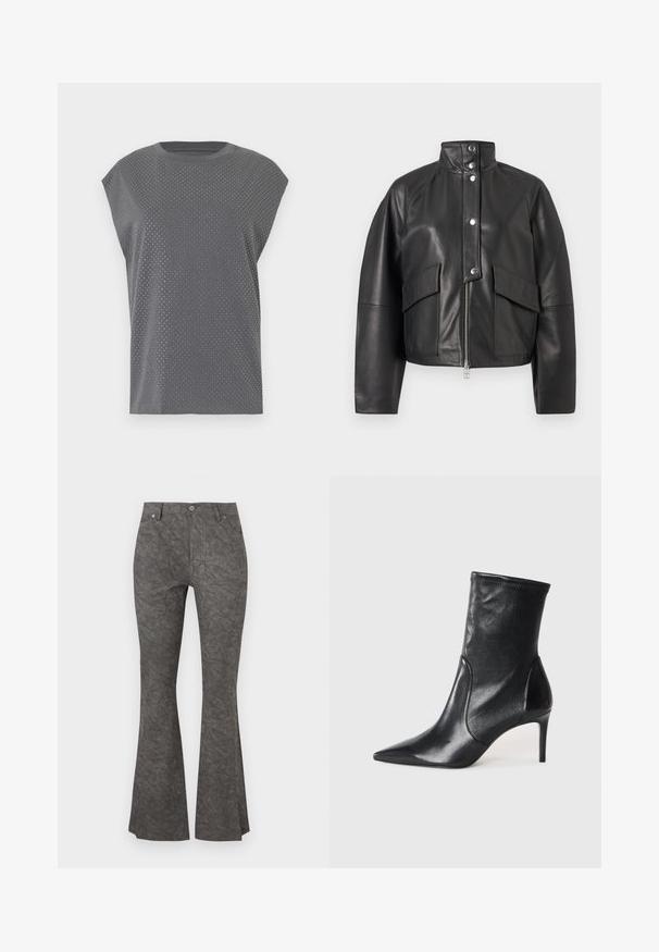 Black leather jacket with high collar, front zipper, snap buttons, and two large flap pockets on front against plain background.; Gray short-sleeve t-shirt with a crew neck, featuring a dotted texture throughout. Made from soft fabric with a relaxed fit.; Dark gray flared pants with a subtle wrinkled pattern, front pockets, belt loops, and a button closure at the waist.; Black ankle boots made of smooth leather, featuring a pointed toe, fitted shaft, and a slim high heel. Minimalist design with no visible hardware.